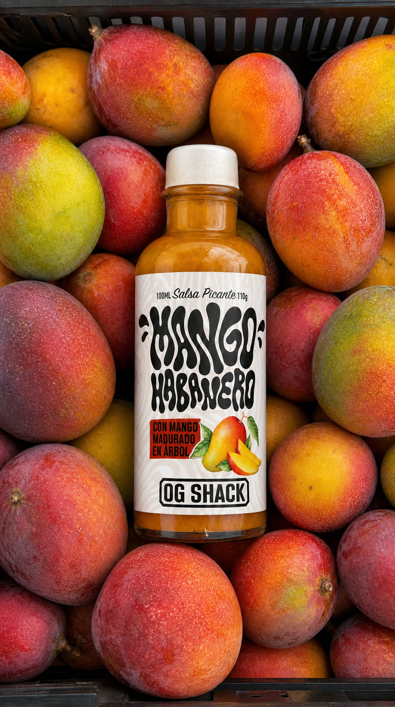 Botella de bebida de mango junto a mangos